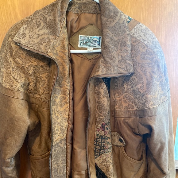 Vintage 80s / 90s Leather Womens Brown Tan Paisley Patchwork VilleFranche  Jacket